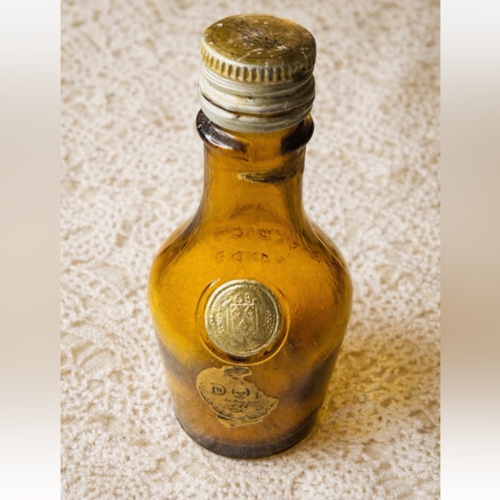 Antique Benedictine D.O.M. Miniature Bottle Herbal Liquor Amber Glass W/Seal Cap